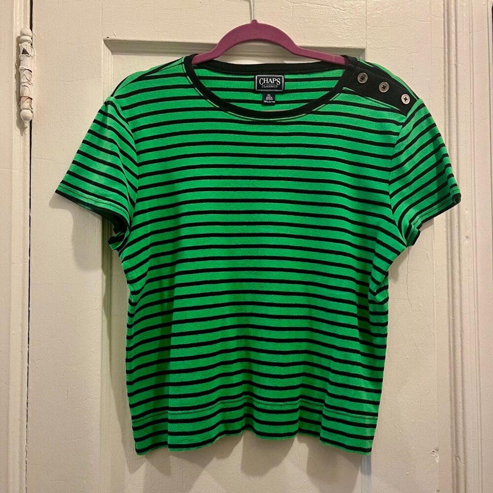 Chaps Green Striped Cotton T-Shirt XL Button Shoulder Detail